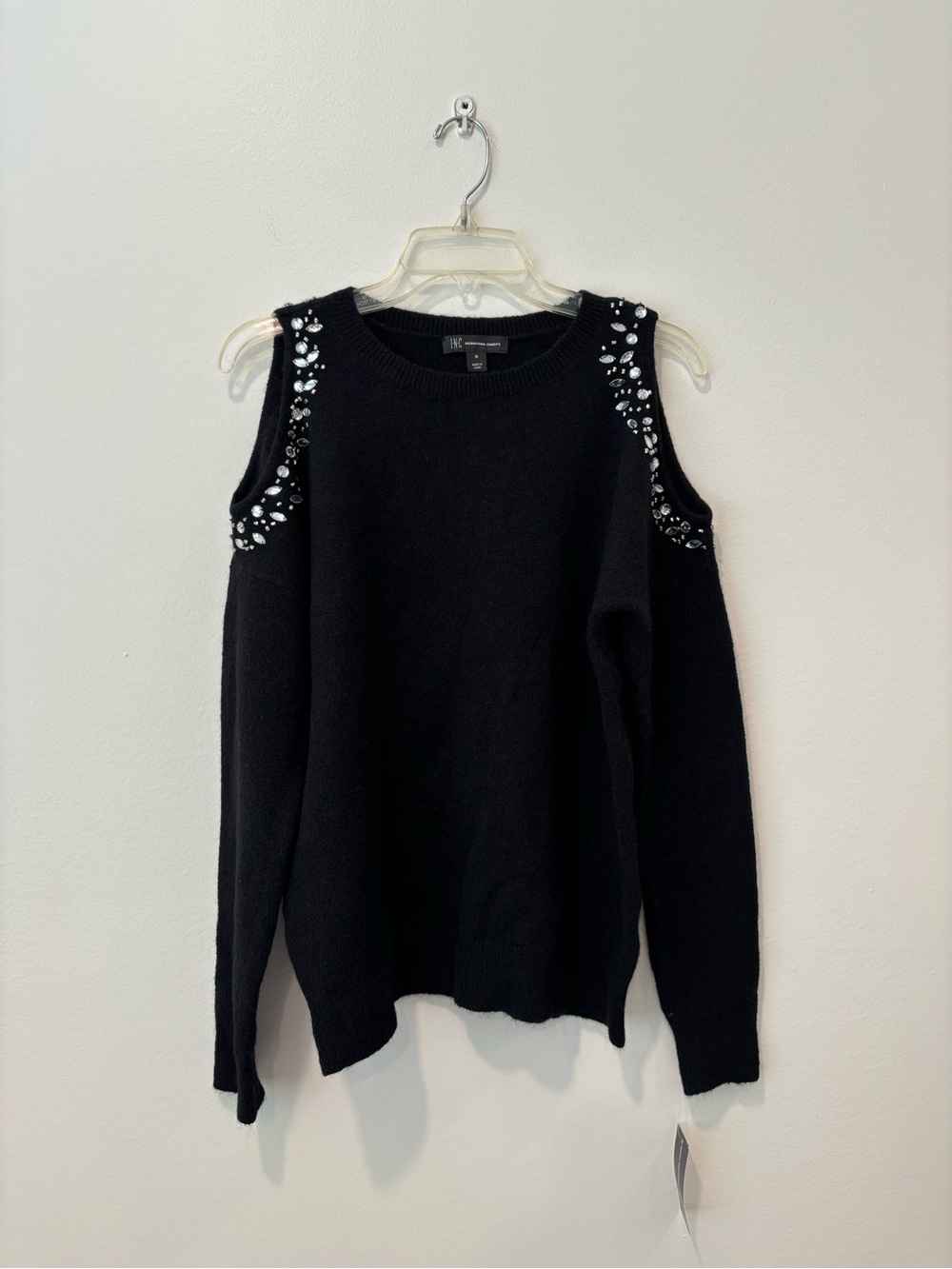 INC Embellished Cold-Shoulder Black Sweater